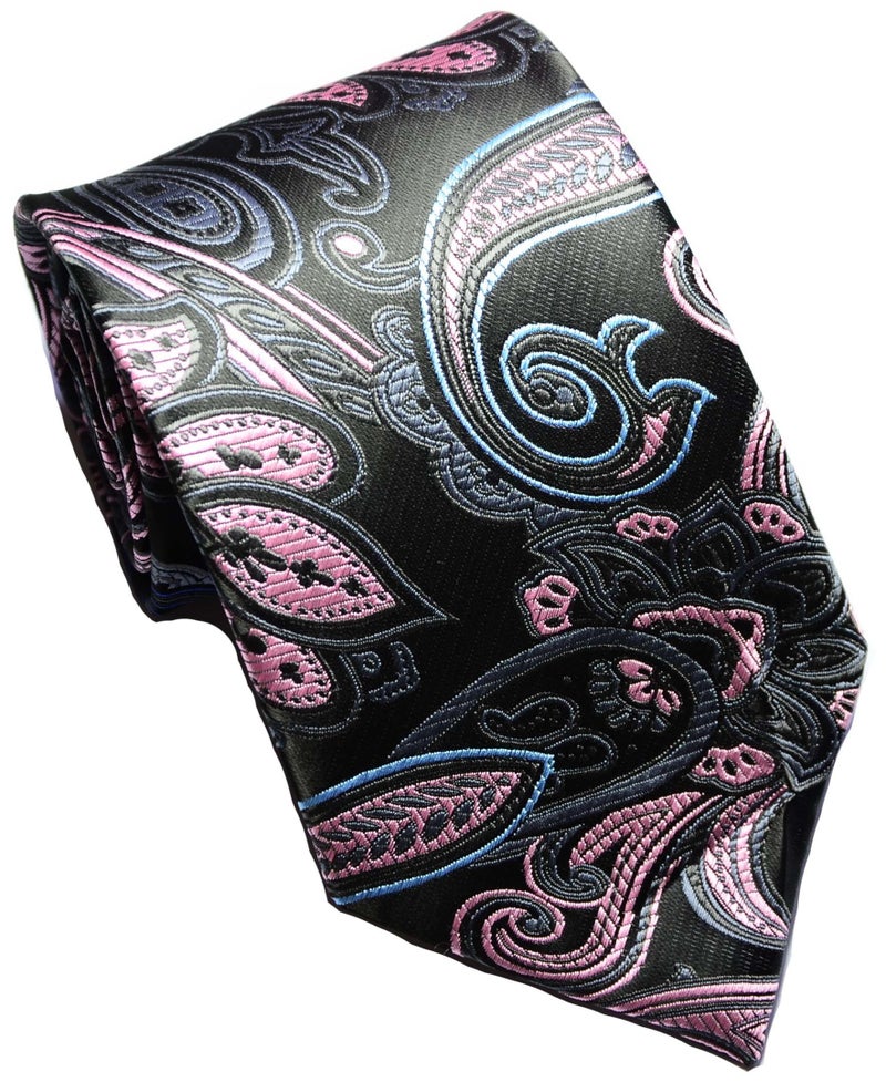 Geotae Zerun New Classic Men's Paisley Silk Tie Necktie (Black/Pink) - Image 1